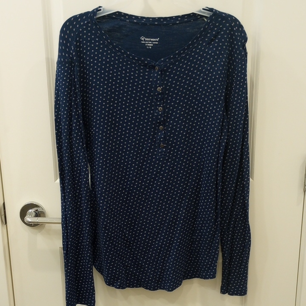Seg'ments Star Print Navy Blue Button Up Scoop Neck Women's Large